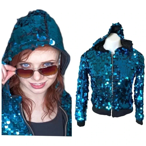 URBAN GROOVE | Sequin Sparkle Long Sleeve Zip-Up Hoodie Bomber Jacket Size S - Picture 1 of 9